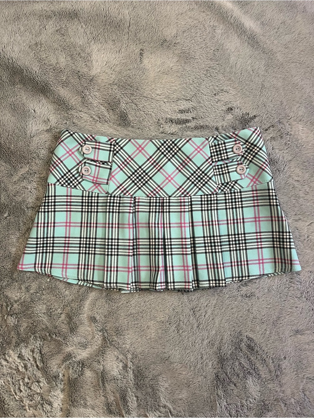 Mint Plaid Pleated Mini Skirt with Button Detail